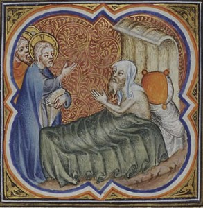 Paralytic on his Bed is Brought to the House where Christ is Preaching, Petrus Comestor's 'Bible Historiale', France, 1372